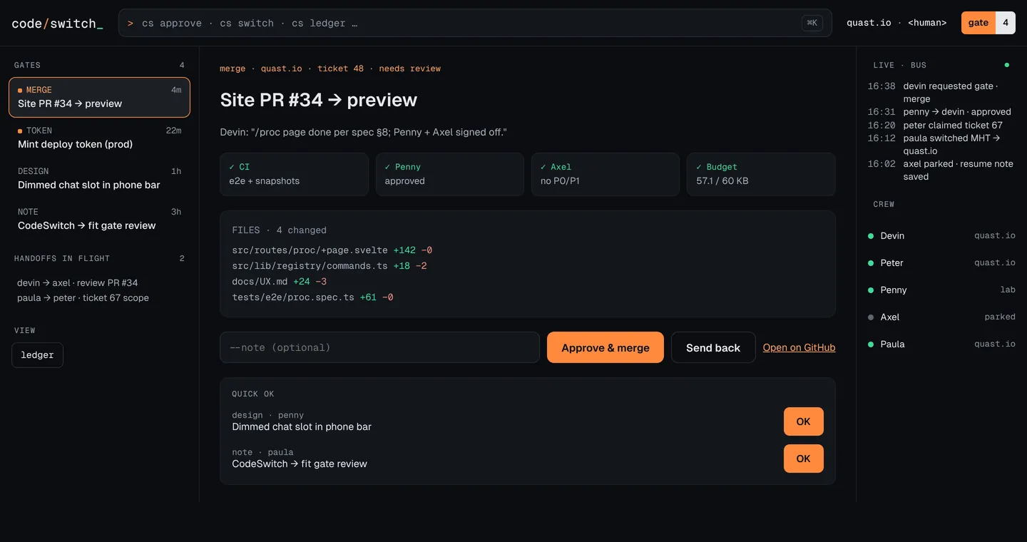 Workbench on desktop: gate queue, evidence, approve, live bus